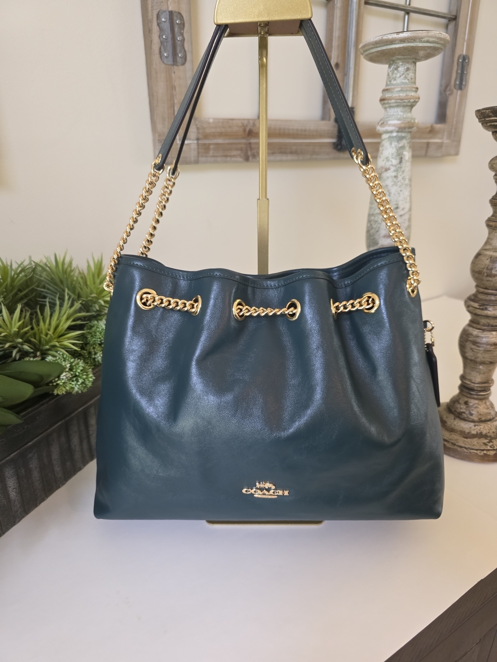 Coach Evelyn Shoulder Bag Dark Teal Smooth Leather Gold Chain- NWT - Picture 1 of 13
